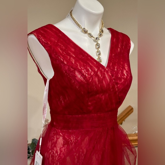 JJ’s House Burgundy NWT Sheath/Column Tea-Length Tulle Cocktail Dress Ruffle Sz4 - Picture 2 of 16
